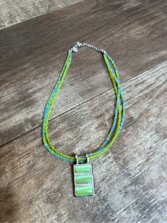 Lia Sophia Lime & Aqua Multi-Strand Beaded Necklace with Rectangular Pendant