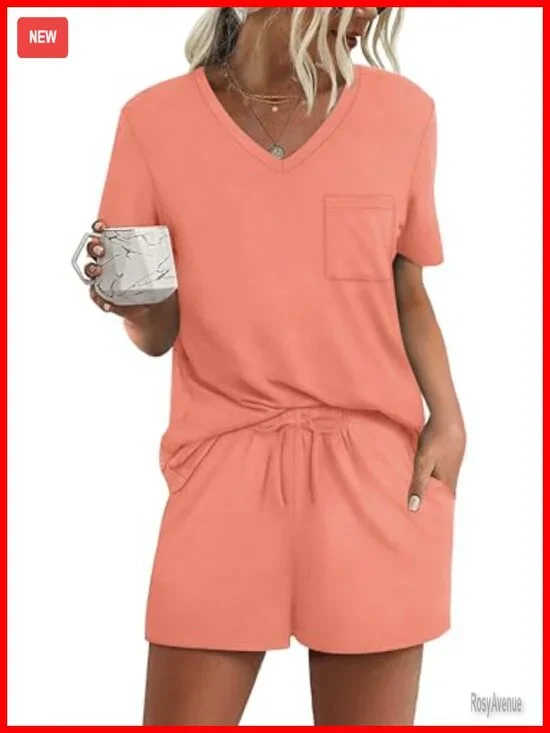 Short Sleeve V-Neck Pajama Set with Pockets 2 Piece Lounge Set