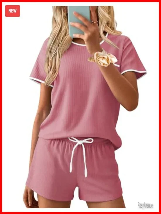 Ribbed Knit Pajama Set Short Sleeve Top and Shorts with Pockets Lounge Sleepwear