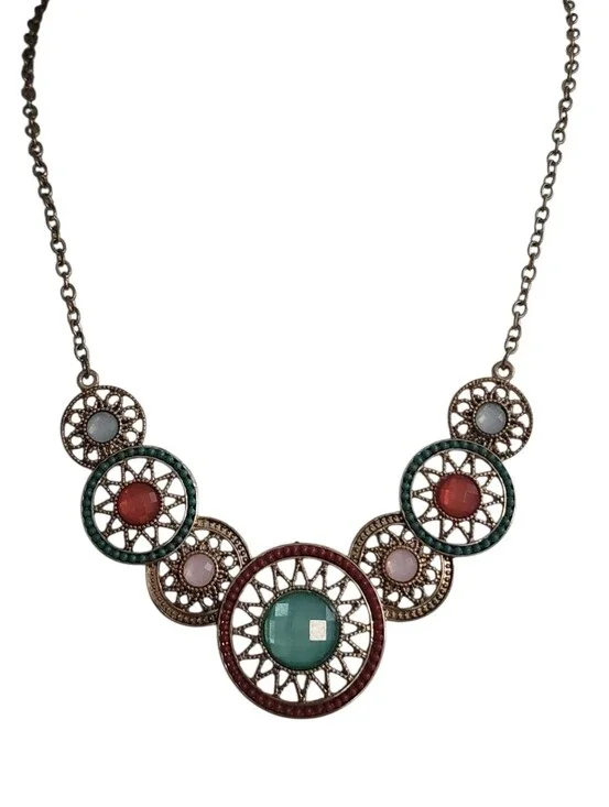 Boho Multi-Color Filigree Medallion Statement Necklace