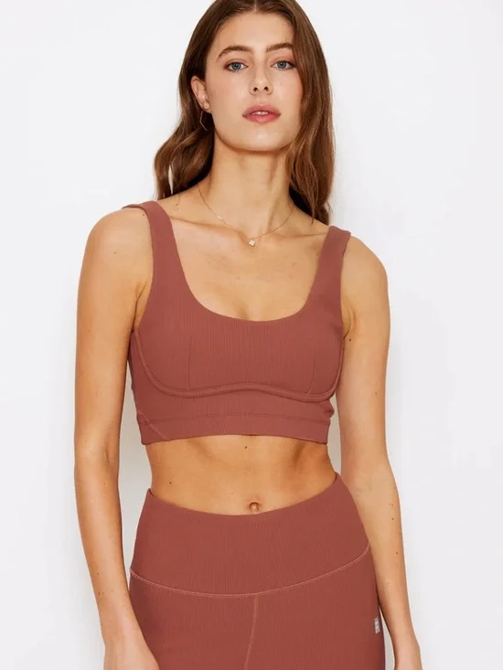CREAM YOGA VENESA RIBBED BUSTIER SPORTS BRA ROSE TAUPE Size Large