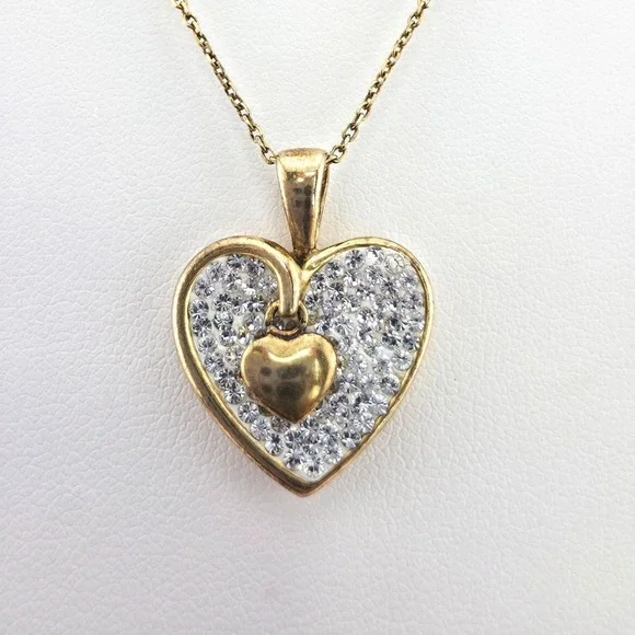 MOM JORDAN Heart Necklace 925 Sterling Silver Pave' Crystals Gold Overlay 18