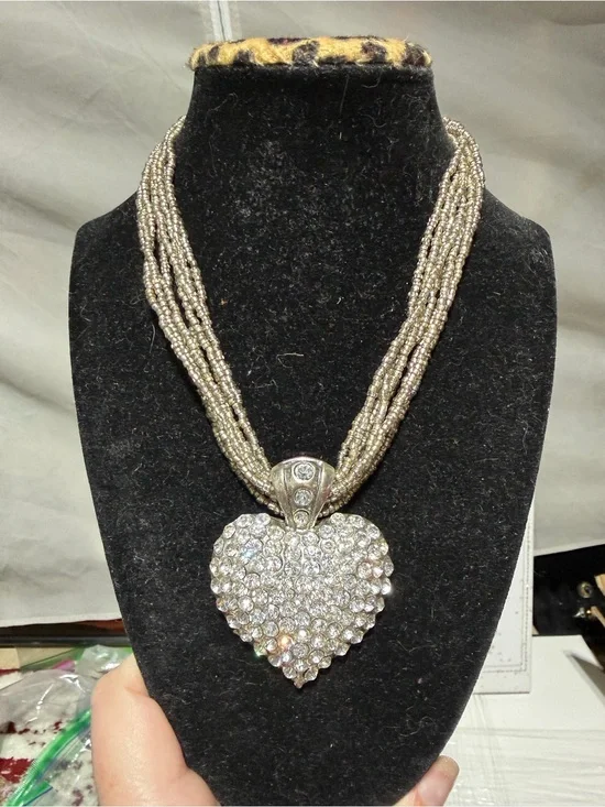 Rhinestone Pendant Statement Puffed Heart Necklace Multi Strand Seed Beads