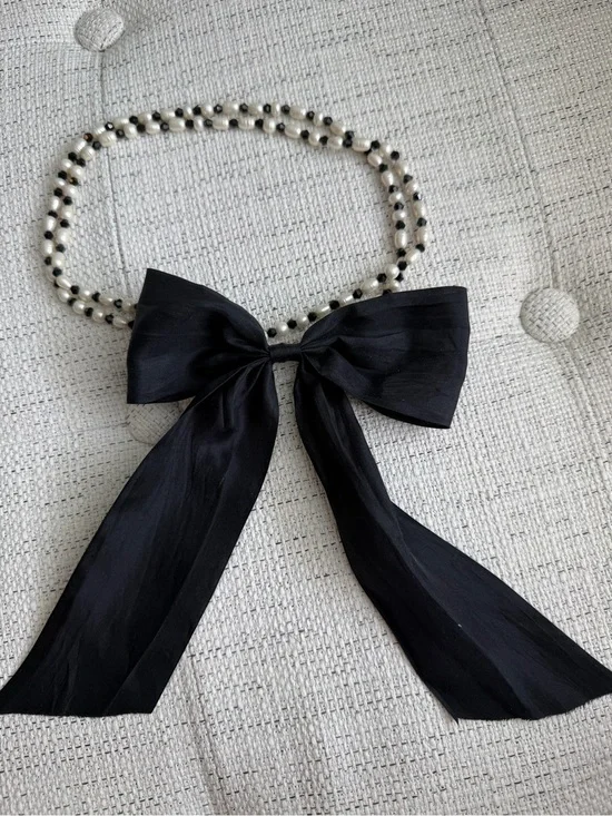 J. Crew Pearl Bead Necklace with Black Ribbon Bow