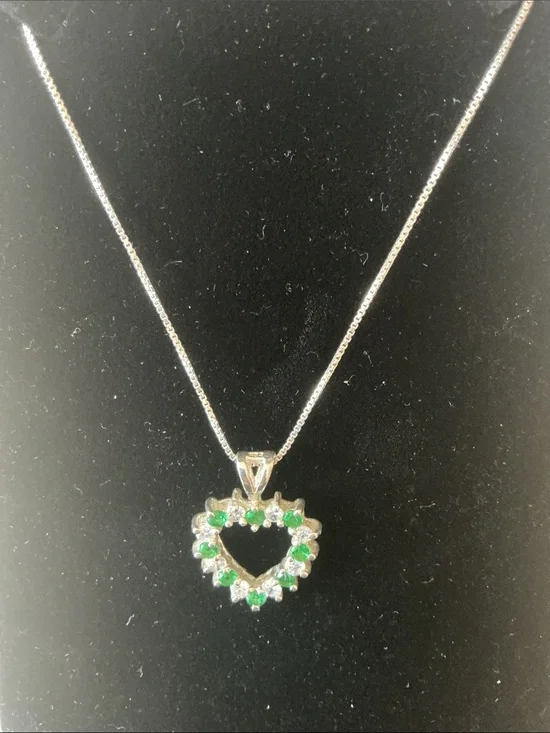 Sterling Silver Heart Pendant with Green and White CZ on Sterling Silver Chain