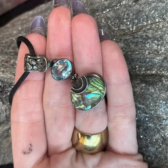 Vintage Estate Abalone and Blue Topaz Stone Pendant Necklace 925 Sterling Silver