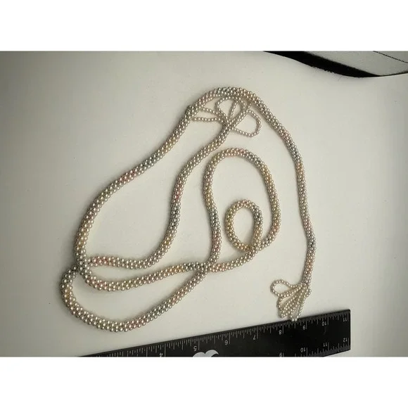 Multi Strand Pearl Bead Rope‎ Necklace Long Tassel Ends White Peach Grey 56 Inch