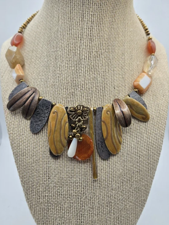Chico's Amber Gold Copper Mixed-Media Statement Choker Artsy Flower Forest Fairy