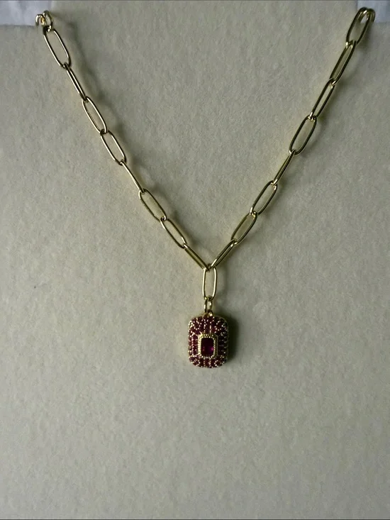 Stainless Steel Gold Chain Necklace with Hot Pink Gemstone Pendant