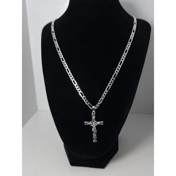 925 Sterling Silver Crucifix Cross Pendant Figaro Chain Necklace 22 Inch 16.7g