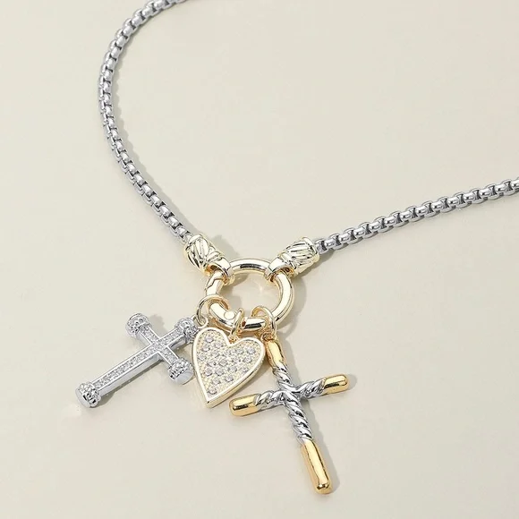 14K Gold Plated Two Tone CZ Stone Paved Heart Double Cross Charm Accent Necklace