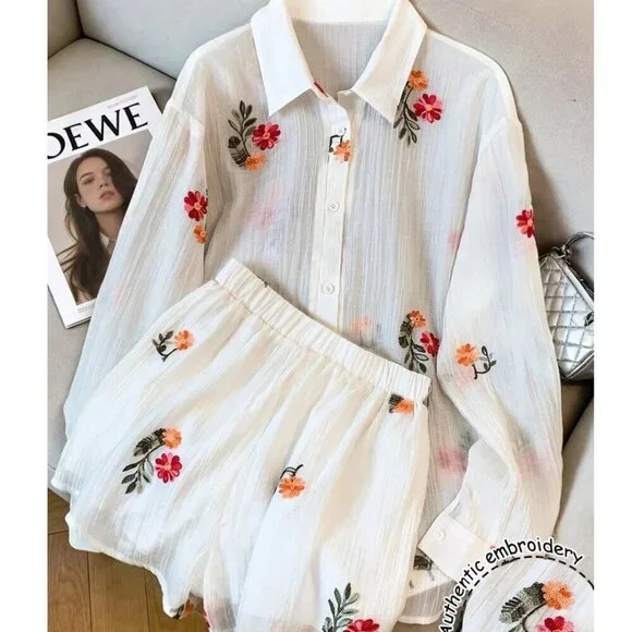 Boho Women's Casual Floral Embroidered Long Sleeve 2-Piece Set