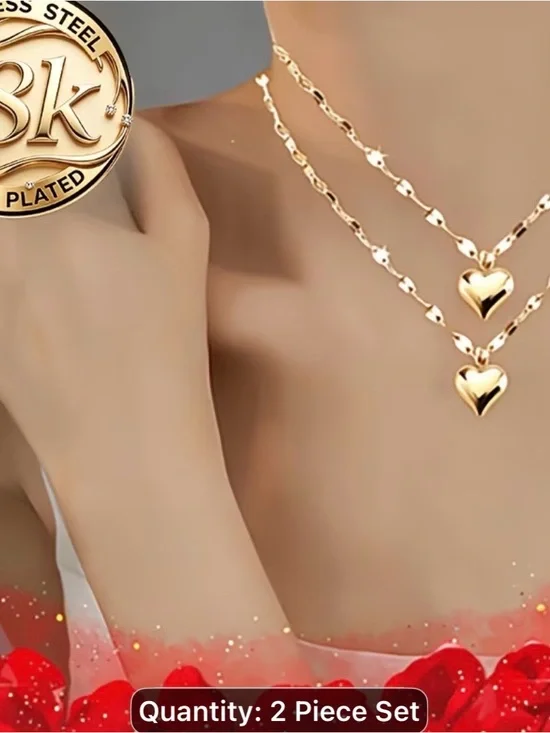 18k Gold pleated Heart Layered Necklace Set - 2 Piece