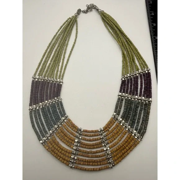Boho Multi Strand Seed Bead Bib Statement Necklace Earth Tones Colorblock Silver