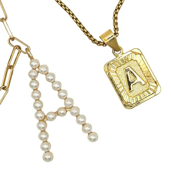 Sugarfix by BaubleBar Gold Tone Initial A Pearl and Medallion Necklace Set‎