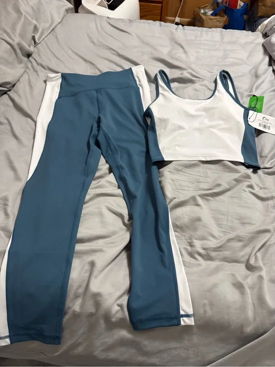Zyia Blue and White Athletic Legging + Crop Tank Set