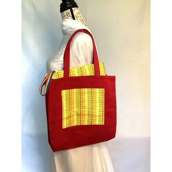 Red Canvas Tote with Rainbow Peace Sign inner pouch 2-piece set NEW