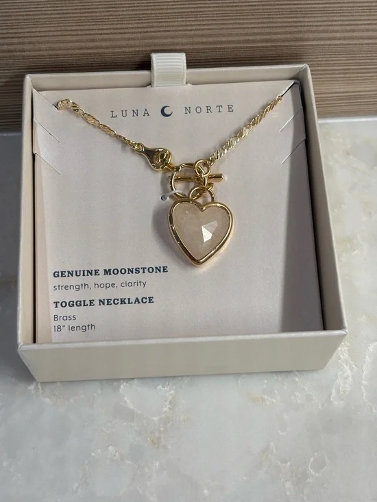 NIB Luna Norte Gold Heart Moonstone Toggle Necklace