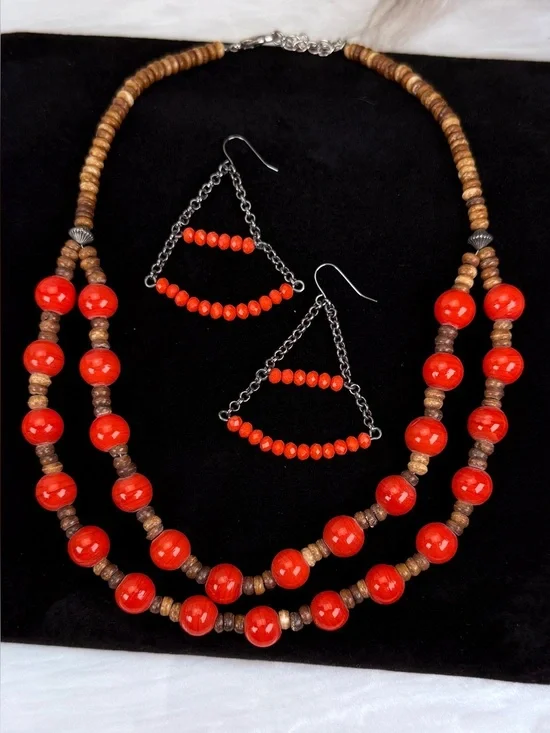 Bohemian chic, orange gunmetal necklace and pierced earring set