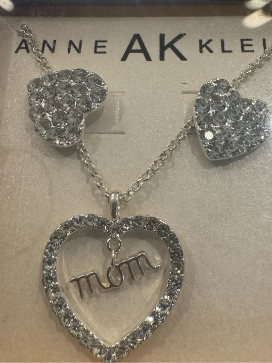 Anne Klein Silver Crystal Heart Necklace with 'Mom' Script and Matching Studs