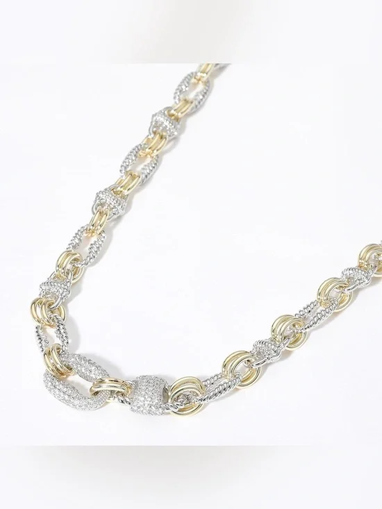 14K Gold Plated Two Tone CZ Stone Paved Mariner Link Necklace