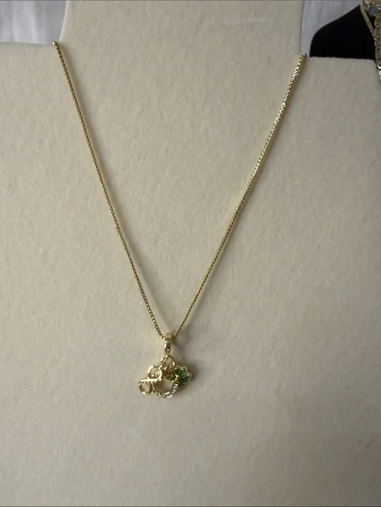 18k Triple Gold Plated Good Luck Pendant Necklace with Green Accent