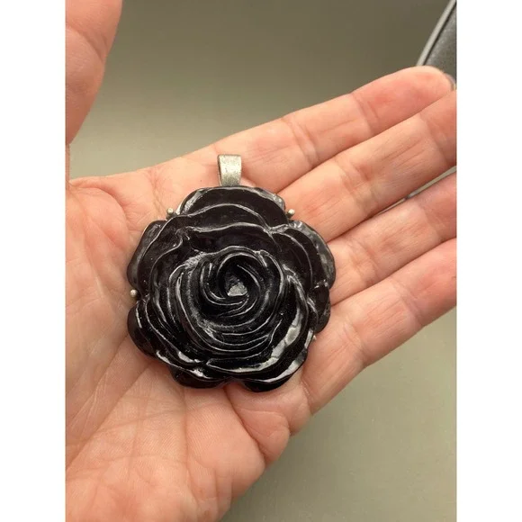 Black Rose Flower Pendant Carved Statement Silver Tone Metal Floral Goth Jewelry