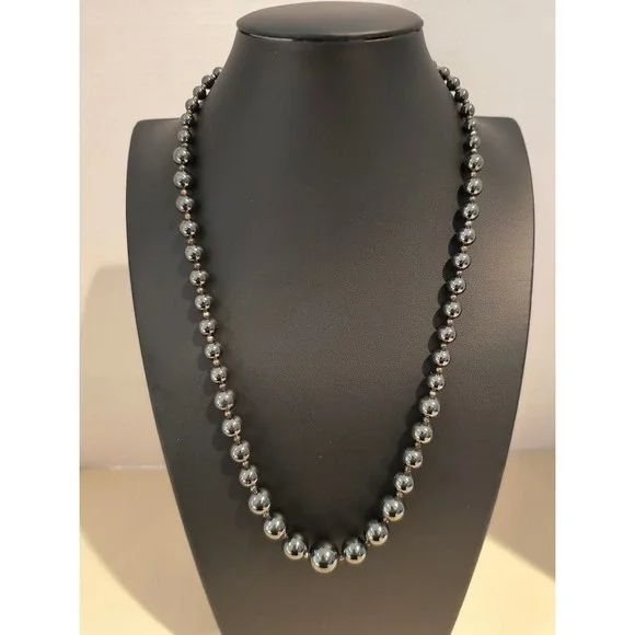 Vintage Hematite Beaded Necklace Graduated Beads Clasp Closure Statement Jewelry