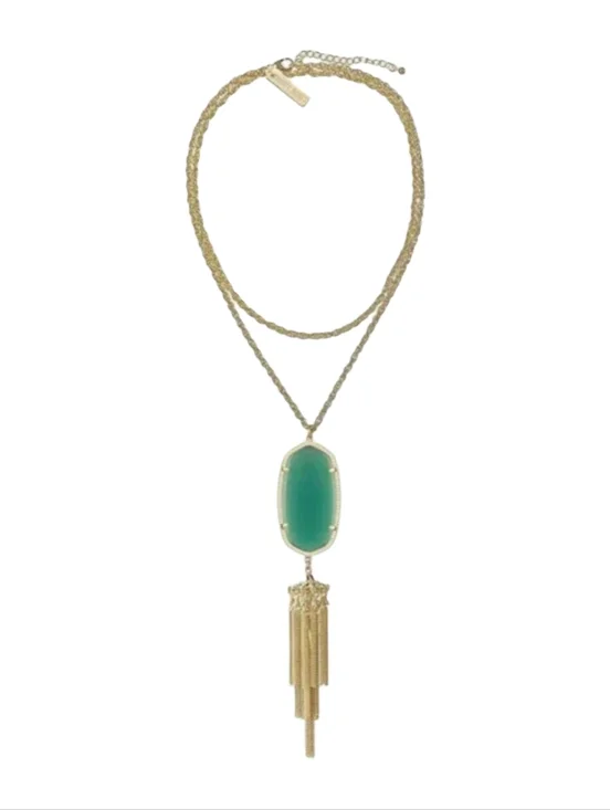 Kendra‎ Scott Emerald Green And Gold Plated Rayne Tassel Statement Necklace