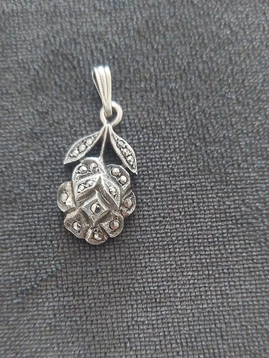 Vintage Sterling Silver Marcasite Floral Pendant - Silver
