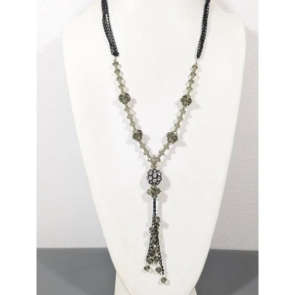 Smokey Gray Bead Crystal Ball Black‎ Multi Chain Tassel Necklace 28