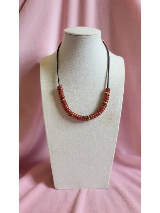 Vintage Carolee Signed Orange Glass Disk Beaded Cord Gold Tone Necklace N1F