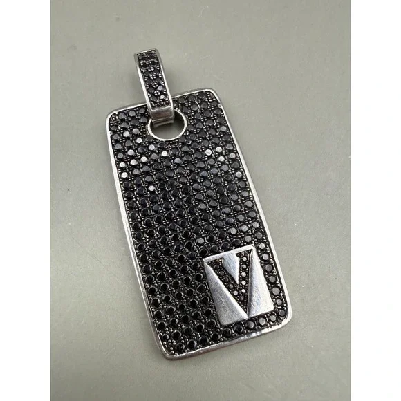 Silver Tone Black Pavé Stone Dog Tag Pendant Initial V Letter Rectangle Charm