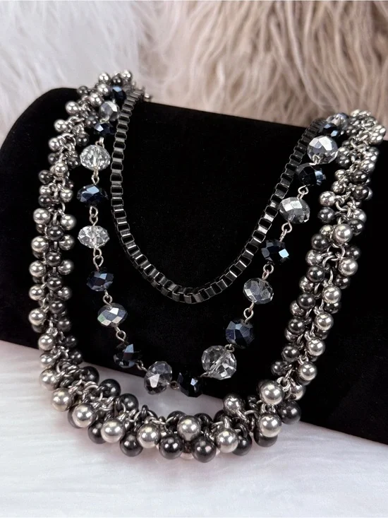 Beautiful, 3 strand, multi chain, black gunmetal beaded costume draping necklace