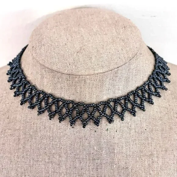 Antique Netted Seed Beads Collar Choker Toggle Statement Fashion Necklace Black
