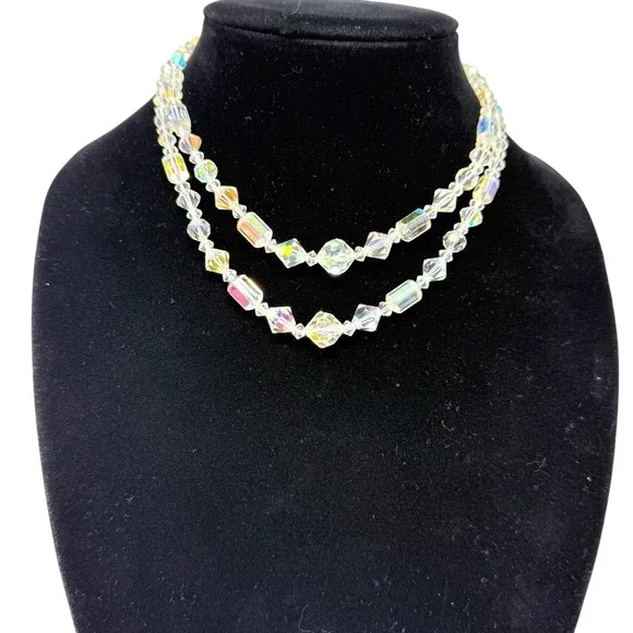 Vintage‎ Womens 1950s Aurora Borealis Crystal Necklace 2 Strand Hook Clasp