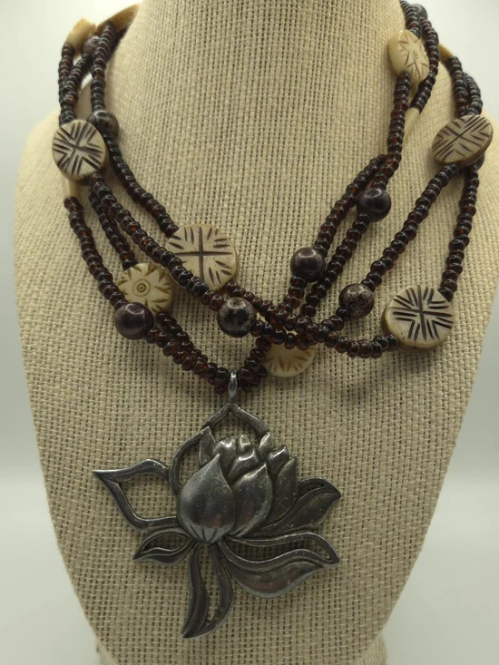 Vintage Chico's Collectible  Multistrand Bead Necklace Silvertone Lotus Pendant