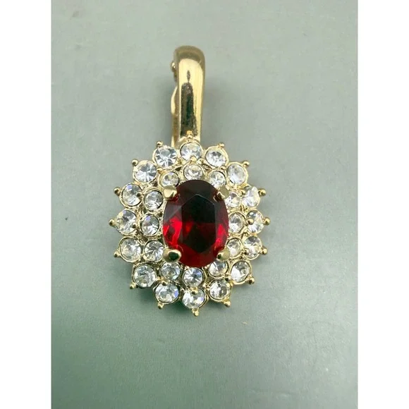 Gold Tone Red Oval Stone Enhancer Pendant Clear Rhinestone Halo Sunburst 1 Inch