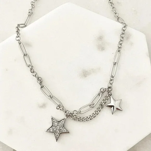 925 Sterling Silver Star Chain Link Necklace Dangle Chain Vintage Necklace