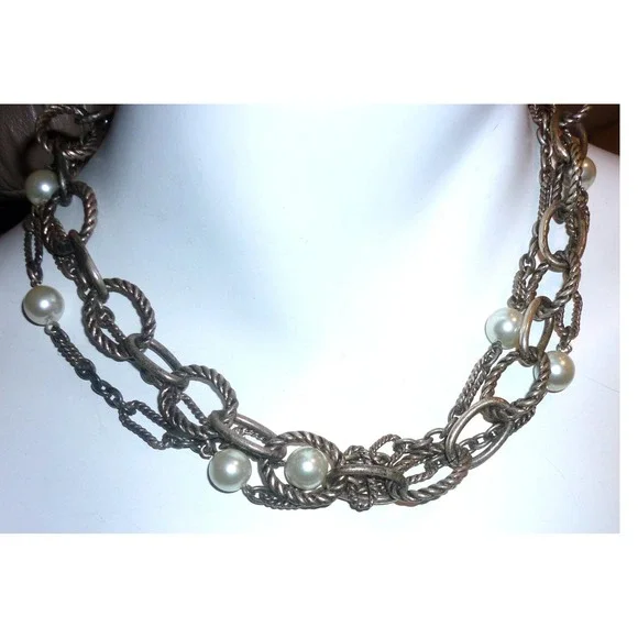 Silver Tone Multi Strand Chunky Faux‎ Pearl Toggle Necklace 18in
