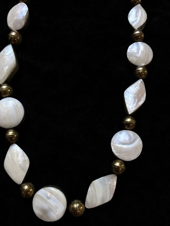 Mother of Pearl Shell & Bronze Tone Beaded Statement Necklace Vintage Boho Coast