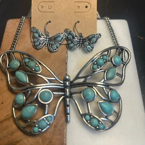 Fossil Vintage Silver and Turquoise Butterfly Necklace and Earring Set