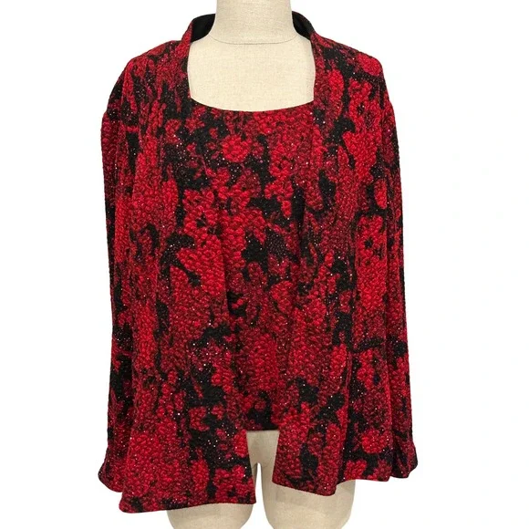 Alex Evenings Womens XLP Red Black Floral Glitter 2 Piece Jacket Tank Set 701