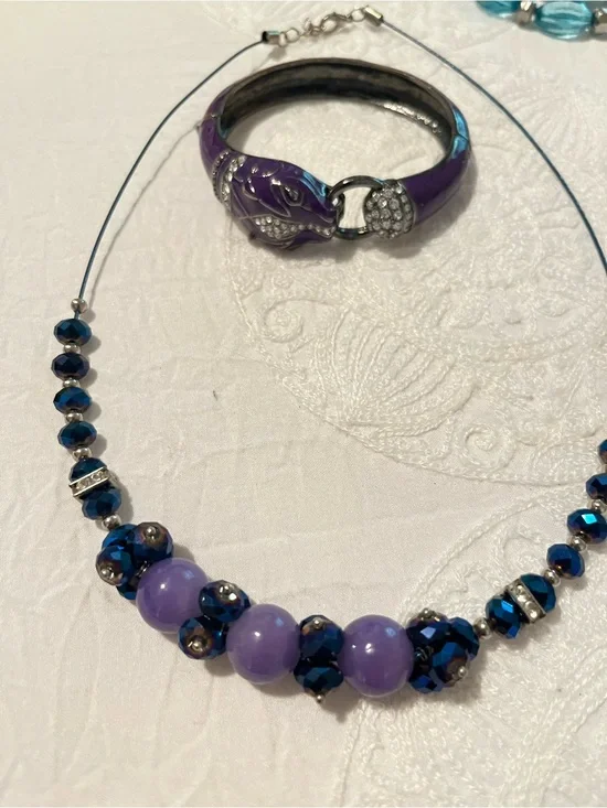 Purple Beaded Necklace with Blue Crystal Accents - Women Jewelry