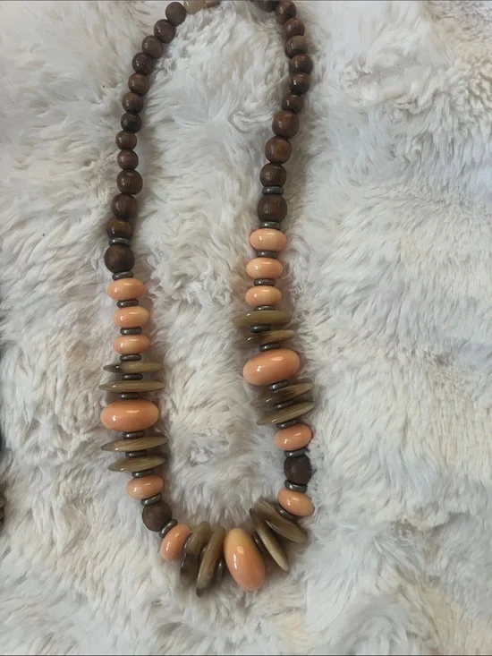 Peach and Tan Beaded Wood Necklace