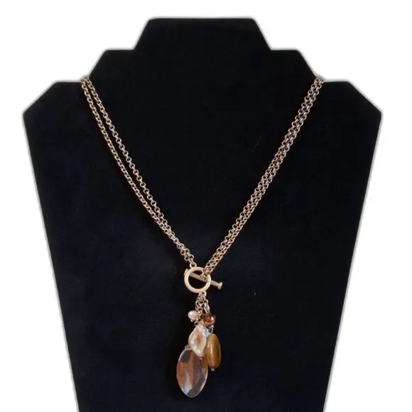 Lia Sophia Gold Toned Double Strand Tigers Eye and Bead Pendants Toggle Necklace