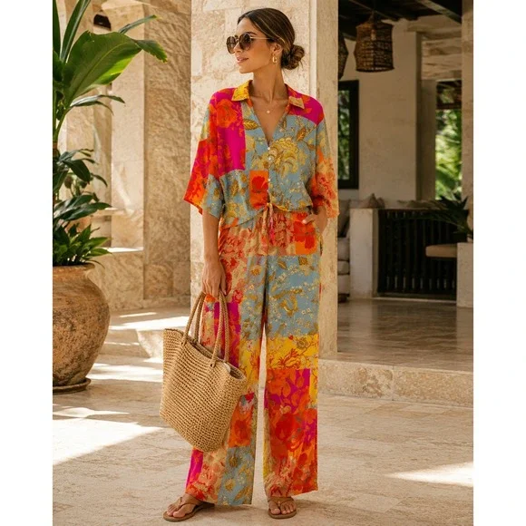 Christian Siriano New York Floral Patchwork 2 Piece Set Top & Wide Leg Pants M