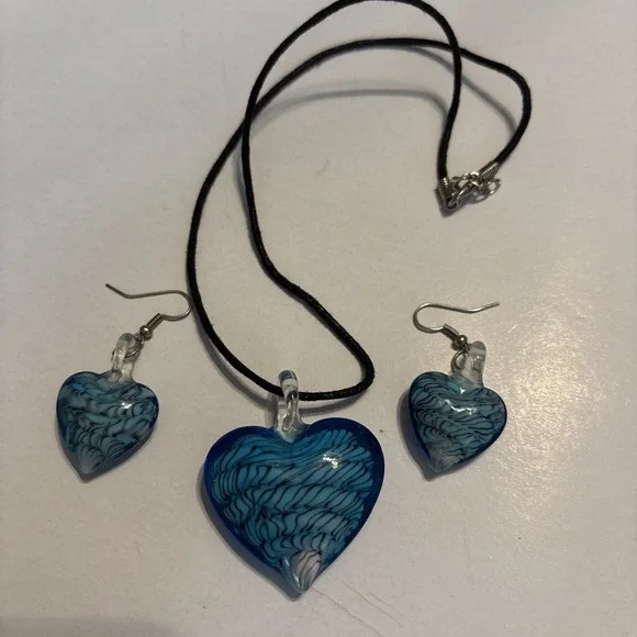 Blue Swirl Glass Heart Pendant Necklace on Leather Cord  & Earrings Murano Style