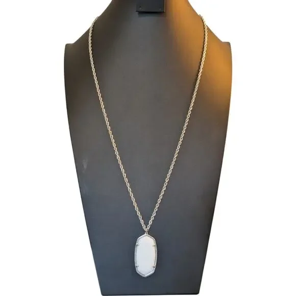 Kendra Scott Rae Milk Glass White Long Silver Plate Pendant RAE 32
