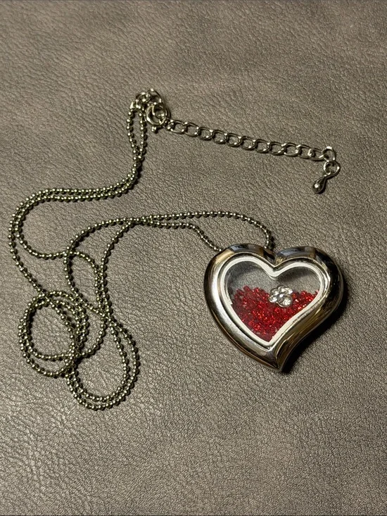 Silver tone Heart Locket Necklace with Red glass crystals and rhinestone dog paw